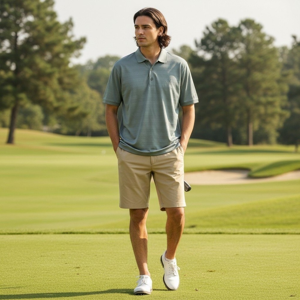 Polo Mens L Sage Green Golf Classic Striped Short Sleeve Casual Classic Wicking